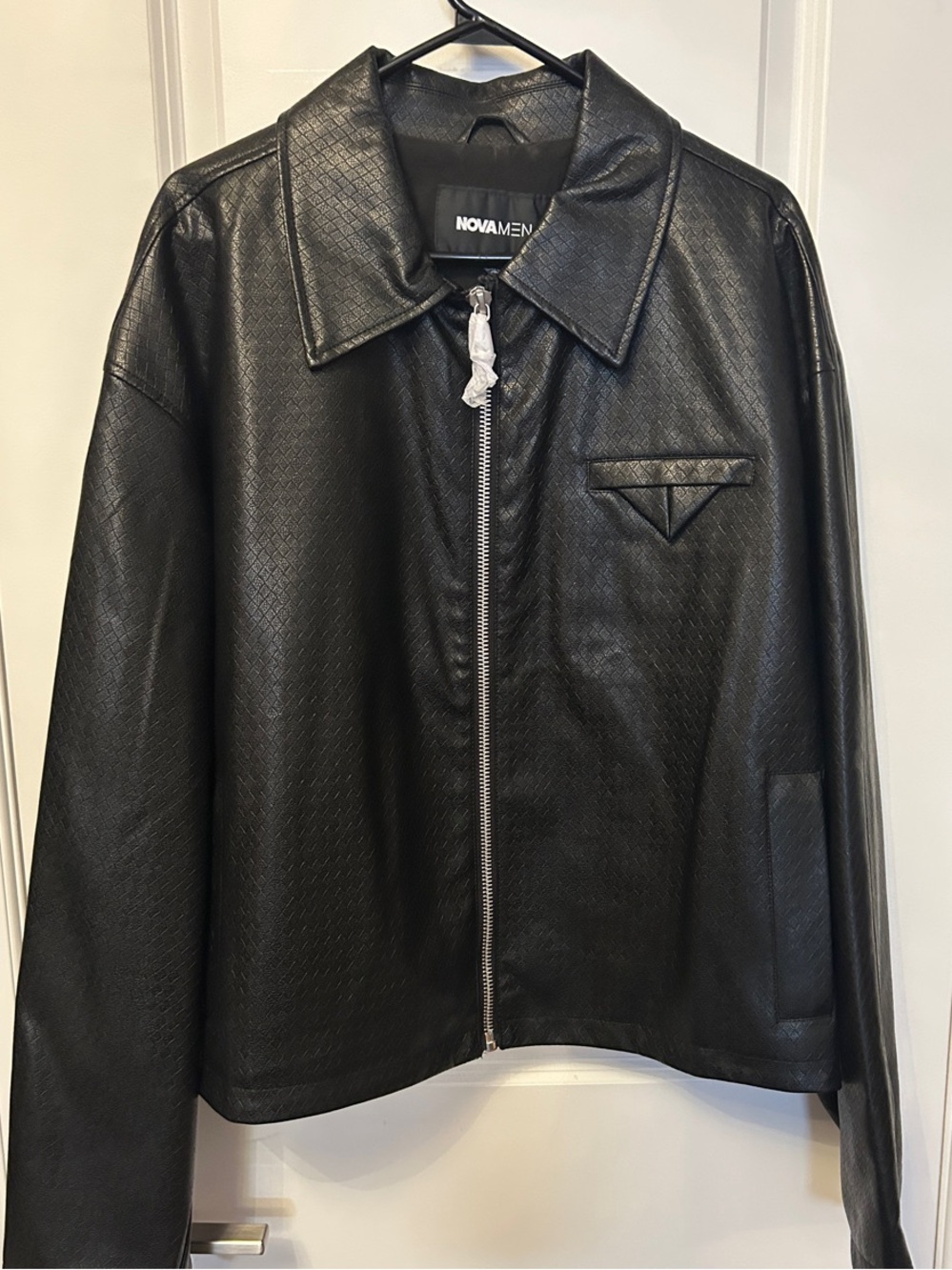 NOVAMEN Black Textured Zip Front Faux Leather Jacket - Size Large